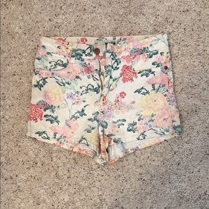 Topshop Cream High-Waist Floral Shorts with Pink and Green Accents